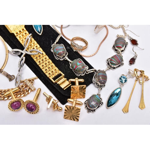 64 - A BAG OF ASSORTED COSTUME JEWELLERY AND ITEMS, a gold plated gate bracelet fitted with a gold plated... 