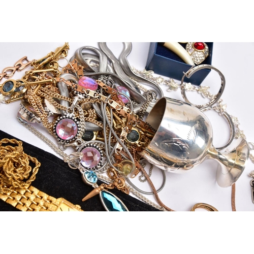 64 - A BAG OF ASSORTED COSTUME JEWELLERY AND ITEMS, a gold plated gate bracelet fitted with a gold plated... 