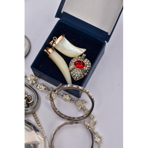 64 - A BAG OF ASSORTED COSTUME JEWELLERY AND ITEMS, a gold plated gate bracelet fitted with a gold plated... 