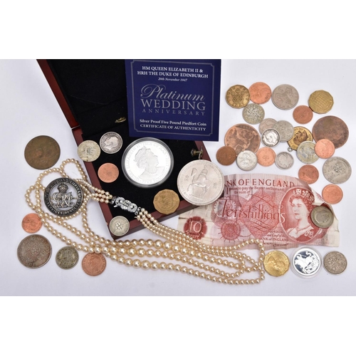 65 - A BAG OF ASSORTED COINAGE AND IMITATION PEARL STRAND NECKLACE, to include a boxed Queen Elizabeth II... 
