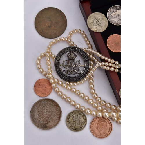 65 - A BAG OF ASSORTED COINAGE AND IMITATION PEARL STRAND NECKLACE, to include a boxed Queen Elizabeth II... 