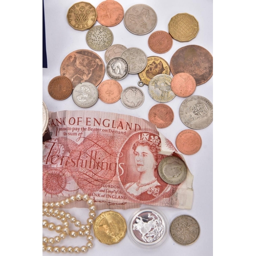65 - A BAG OF ASSORTED COINAGE AND IMITATION PEARL STRAND NECKLACE, to include a boxed Queen Elizabeth II... 