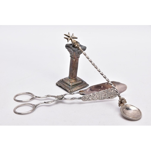 67 - A SILVER CANDLESTICK, A PAIR OF TONGS AND A SPOON, a single column, dwarf candlestick, on a stepped ... 
