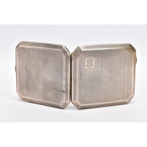 77 - A SILVER CIGARETTE CASE, of a square form, engine turn design with an engraved monogram, push button... 