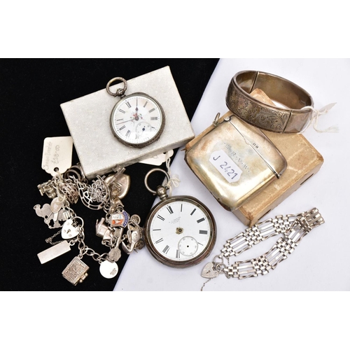 80 - A SELECTION OF SILVER AND WHITE METAL ITEMS, to include a bangle designed with an engraved floral pa... 