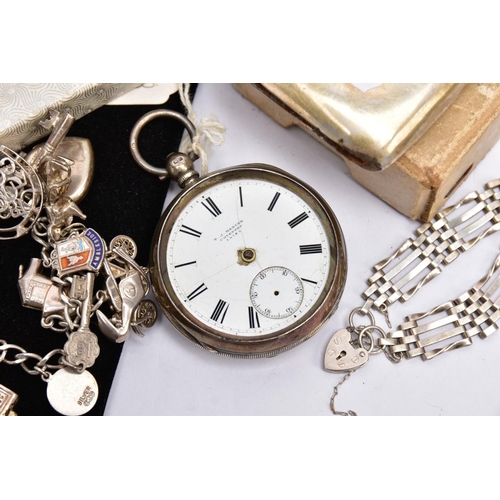 80 - A SELECTION OF SILVER AND WHITE METAL ITEMS, to include a bangle designed with an engraved floral pa... 