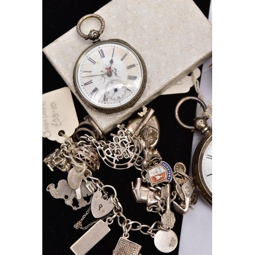 80 - A SELECTION OF SILVER AND WHITE METAL ITEMS, to include a bangle designed with an engraved floral pa... 