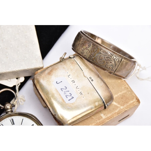 80 - A SELECTION OF SILVER AND WHITE METAL ITEMS, to include a bangle designed with an engraved floral pa... 