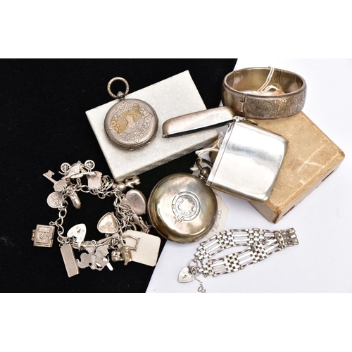 80 - A SELECTION OF SILVER AND WHITE METAL ITEMS, to include a bangle designed with an engraved floral pa... 