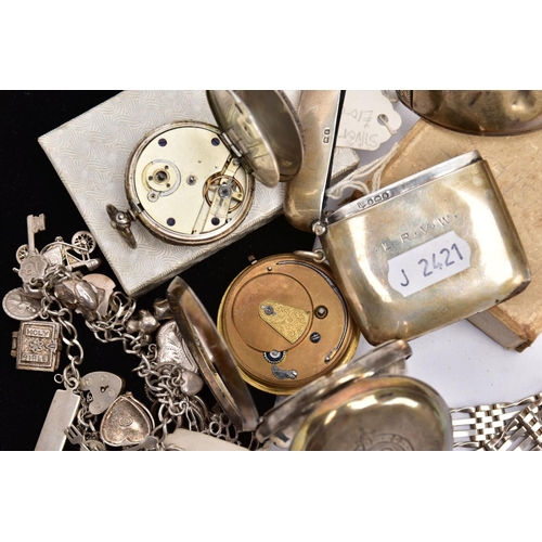 80 - A SELECTION OF SILVER AND WHITE METAL ITEMS, to include a bangle designed with an engraved floral pa... 