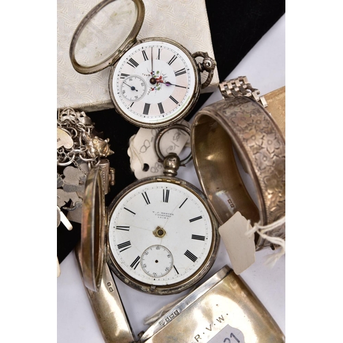 80 - A SELECTION OF SILVER AND WHITE METAL ITEMS, to include a bangle designed with an engraved floral pa... 