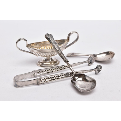 83 - A SELECTION OF SILVER ITEMS, to include a pair of pierced sugar tongs with shell shaped ends, hallma... 