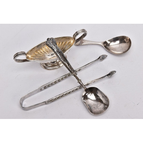 83 - A SELECTION OF SILVER ITEMS, to include a pair of pierced sugar tongs with shell shaped ends, hallma... 