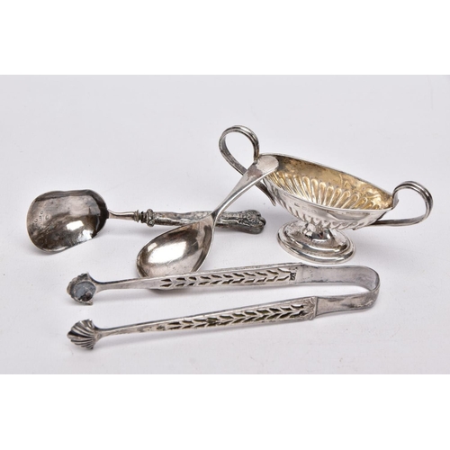 83 - A SELECTION OF SILVER ITEMS, to include a pair of pierced sugar tongs with shell shaped ends, hallma... 