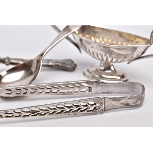 83 - A SELECTION OF SILVER ITEMS, to include a pair of pierced sugar tongs with shell shaped ends, hallma... 