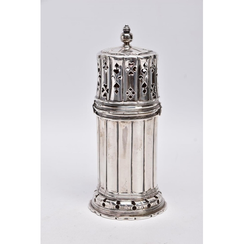 85 - A GEORGE V SILVER SUGAR CASTER, column form, wavy openwork base, pierced cover with a ball finial, s... 