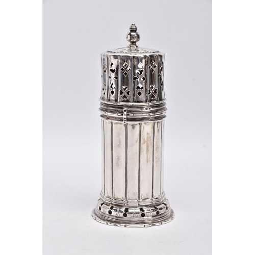 85 - A GEORGE V SILVER SUGAR CASTER, column form, wavy openwork base, pierced cover with a ball finial, s... 