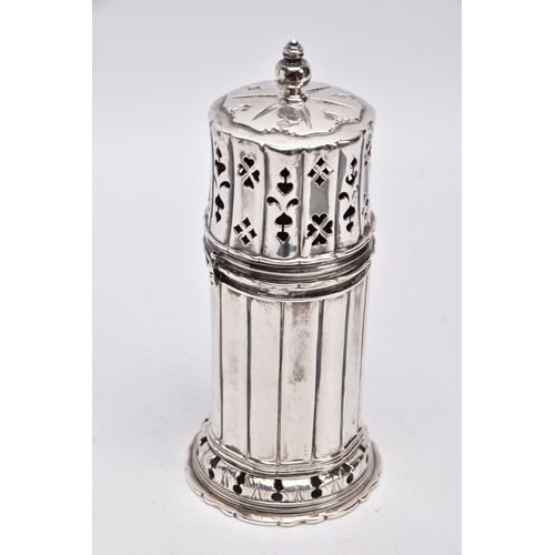 85 - A GEORGE V SILVER SUGAR CASTER, column form, wavy openwork base, pierced cover with a ball finial, s... 