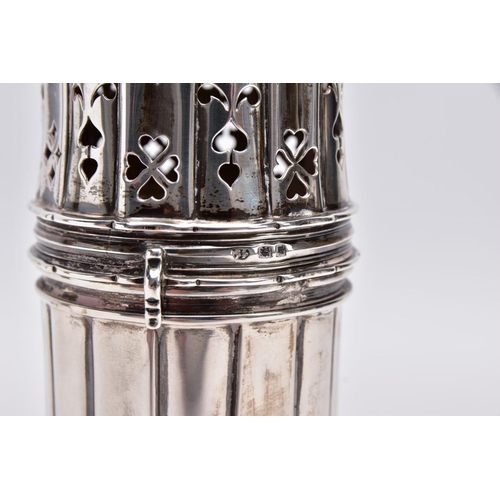 85 - A GEORGE V SILVER SUGAR CASTER, column form, wavy openwork base, pierced cover with a ball finial, s... 