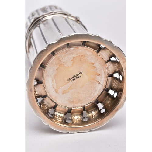 85 - A GEORGE V SILVER SUGAR CASTER, column form, wavy openwork base, pierced cover with a ball finial, s... 