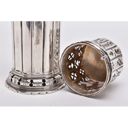 85 - A GEORGE V SILVER SUGAR CASTER, column form, wavy openwork base, pierced cover with a ball finial, s... 