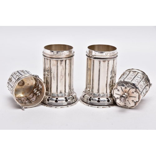 86 - TWO GEORGE V SILVER SUGAR CASTERS, column form, wavy openwork base, pierced cover with a ball finial... 