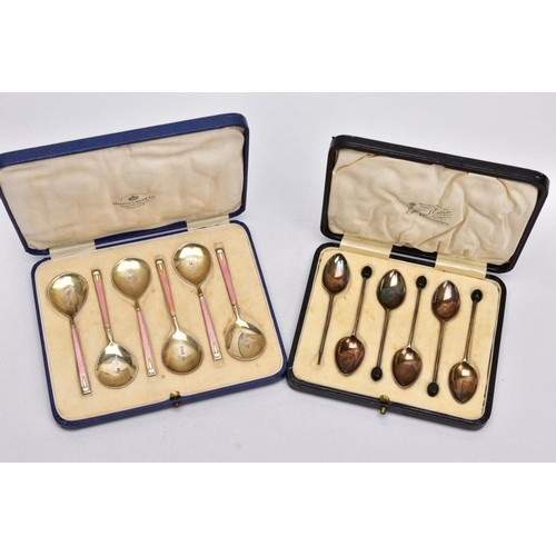 87 - TWO CASED SETS OF SILVER, GUILLOCHE ENAMEL COFFEE AND TEASPOONS, the first a set of six pink guilloc... 