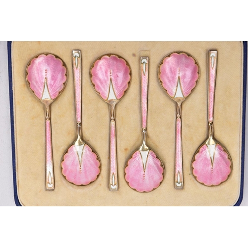 87 - TWO CASED SETS OF SILVER, GUILLOCHE ENAMEL COFFEE AND TEASPOONS, the first a set of six pink guilloc... 