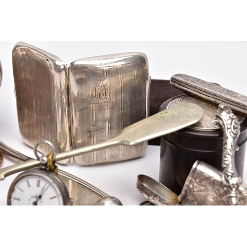 89 - A SELECTION OF SILVER AND WHITE METAL ITEMS, to include a silver cigarette case of an engine turn de... 