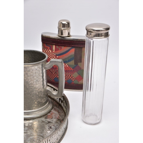 91 - A SELECTION OF WHITE METAL ITEMS, to include a silver plated on copper round tray, with a pierced wr... 