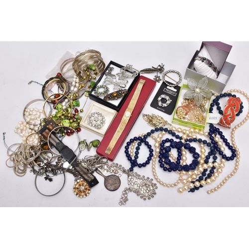 97 - TWO BOXES OF MOSTLY COSTUME JEWELLERY, to include a baroque cultured pearl necklace, a large openwor... 