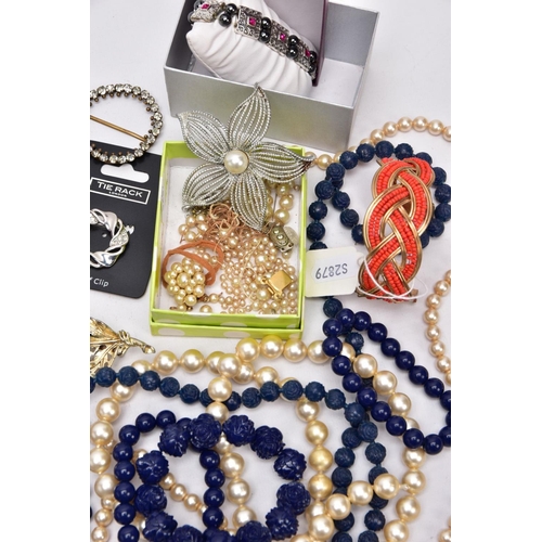 97 - TWO BOXES OF MOSTLY COSTUME JEWELLERY, to include a baroque cultured pearl necklace, a large openwor... 