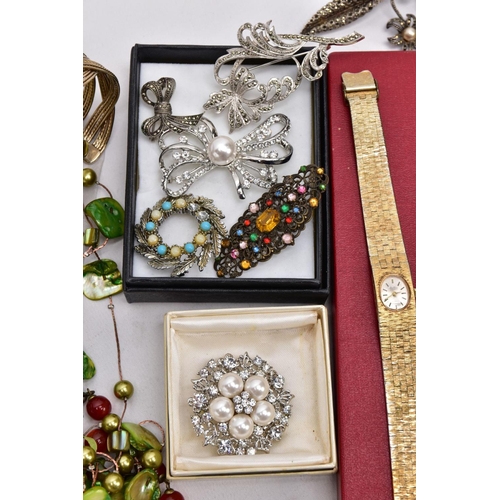 97 - TWO BOXES OF MOSTLY COSTUME JEWELLERY, to include a baroque cultured pearl necklace, a large openwor... 