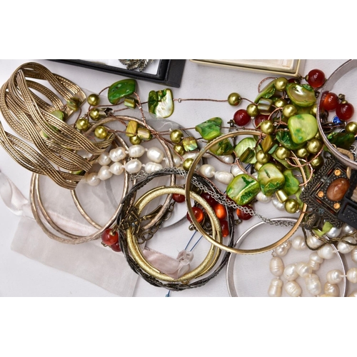 97 - TWO BOXES OF MOSTLY COSTUME JEWELLERY, to include a baroque cultured pearl necklace, a large openwor... 