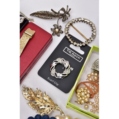 97 - TWO BOXES OF MOSTLY COSTUME JEWELLERY, to include a baroque cultured pearl necklace, a large openwor... 