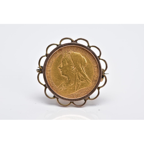 99 - A MOUNTED VICTORIAN HALF SOVEREIGN BROOCH, depicting Queen Victoria, George and the Dragon, dated 19... 