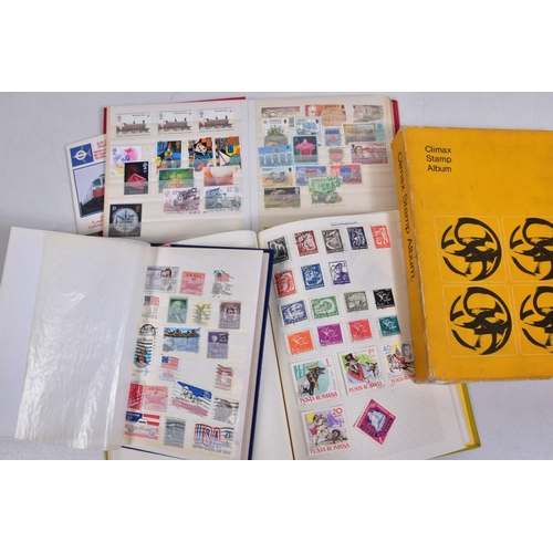 102 - A SMALL BOX WITH A FEW LOOSE STAMPS, six GB 1990's presentation packs and three albums of Worldwide ... 