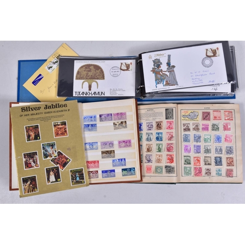 105 - A BOX CONTAINING THREE STAMPS ALBUMS including a cover album and a few odds of GB decimal mint