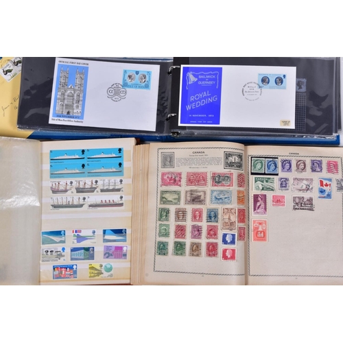 105 - A BOX CONTAINING THREE STAMPS ALBUMS including a cover album and a few odds of GB decimal mint