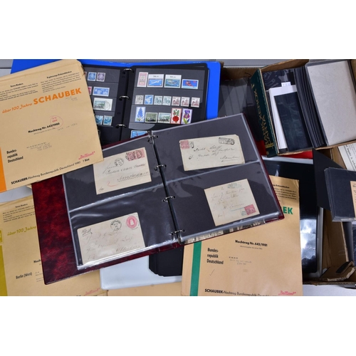 119 - ONE BOX WITH THREE BINDERS OF GERMAN STAMPS on cards plus postal history and complete sets on Schaub... 