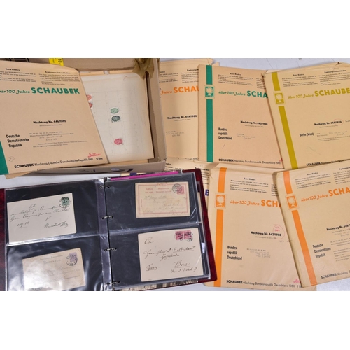 119 - ONE BOX WITH THREE BINDERS OF GERMAN STAMPS on cards plus postal history and complete sets on Schaub... 