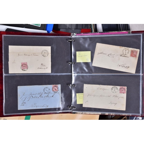 119 - ONE BOX WITH THREE BINDERS OF GERMAN STAMPS on cards plus postal history and complete sets on Schaub... 