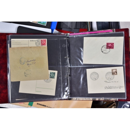 119 - ONE BOX WITH THREE BINDERS OF GERMAN STAMPS on cards plus postal history and complete sets on Schaub... 