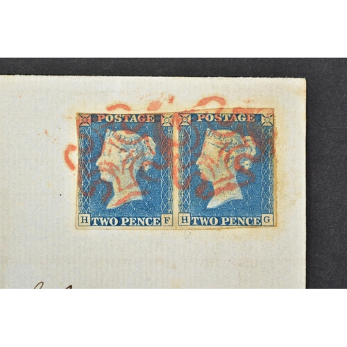 37 - GB 1840 TWO PENNY BLUE fine used pair on front, very close at top otherwise good margins