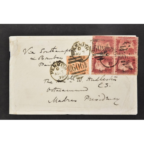 52 - GB 1876 8d ORANGE AND BLOCK OF FOUR PENNY REDS on battered cover to India