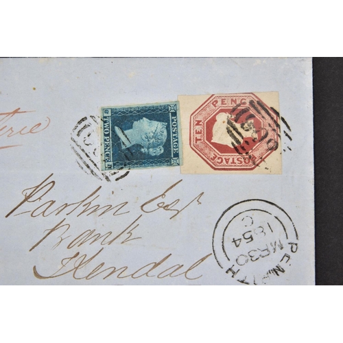 53 - GB 1854 REGISTERED COVER TO KENDAL brg fine 4m 2d Blue and fine 3m 10d embossed, really attractive