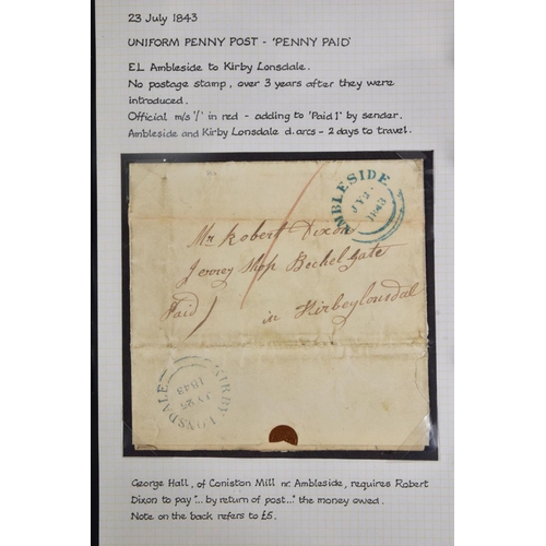 67 - CUMBRIAN POSTAL HISTORY COLLECTION in binder with interesting marks including RAVENGLASS IN GREEN, a... 