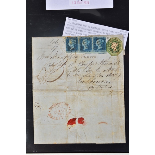 71 - 1853 REGISTERED MAIL COVER TO AUSTRALIA 18d rate paid by one shilling (CTS) and strip of three 2d im... 