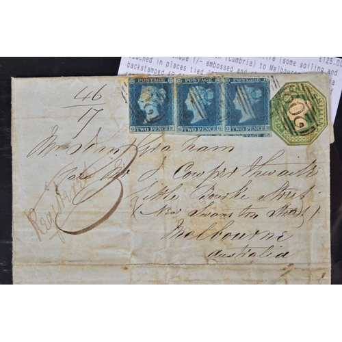 71 - 1853 REGISTERED MAIL COVER TO AUSTRALIA 18d rate paid by one shilling (CTS) and strip of three 2d im... 