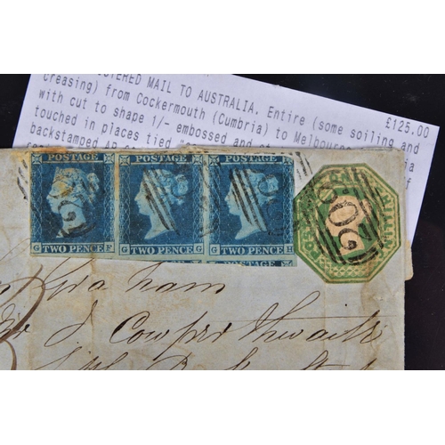 71 - 1853 REGISTERED MAIL COVER TO AUSTRALIA 18d rate paid by one shilling (CTS) and strip of three 2d im... 